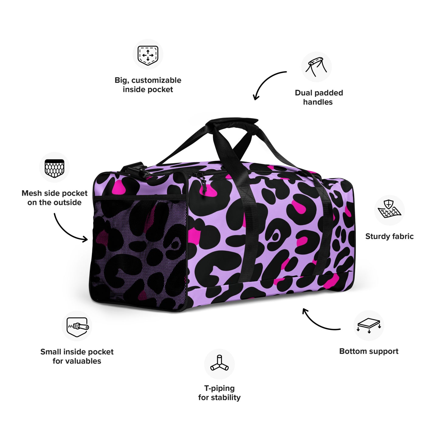 PINK & PURPLE LEAOPARD LARGE DUFFEL BAG