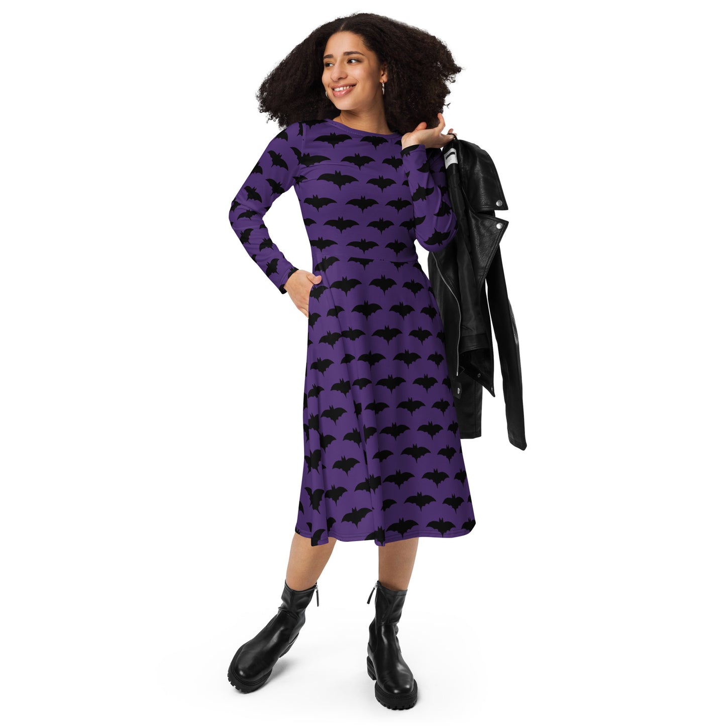 PURPLE BAT LONG SLEEVE MIDI DRESS