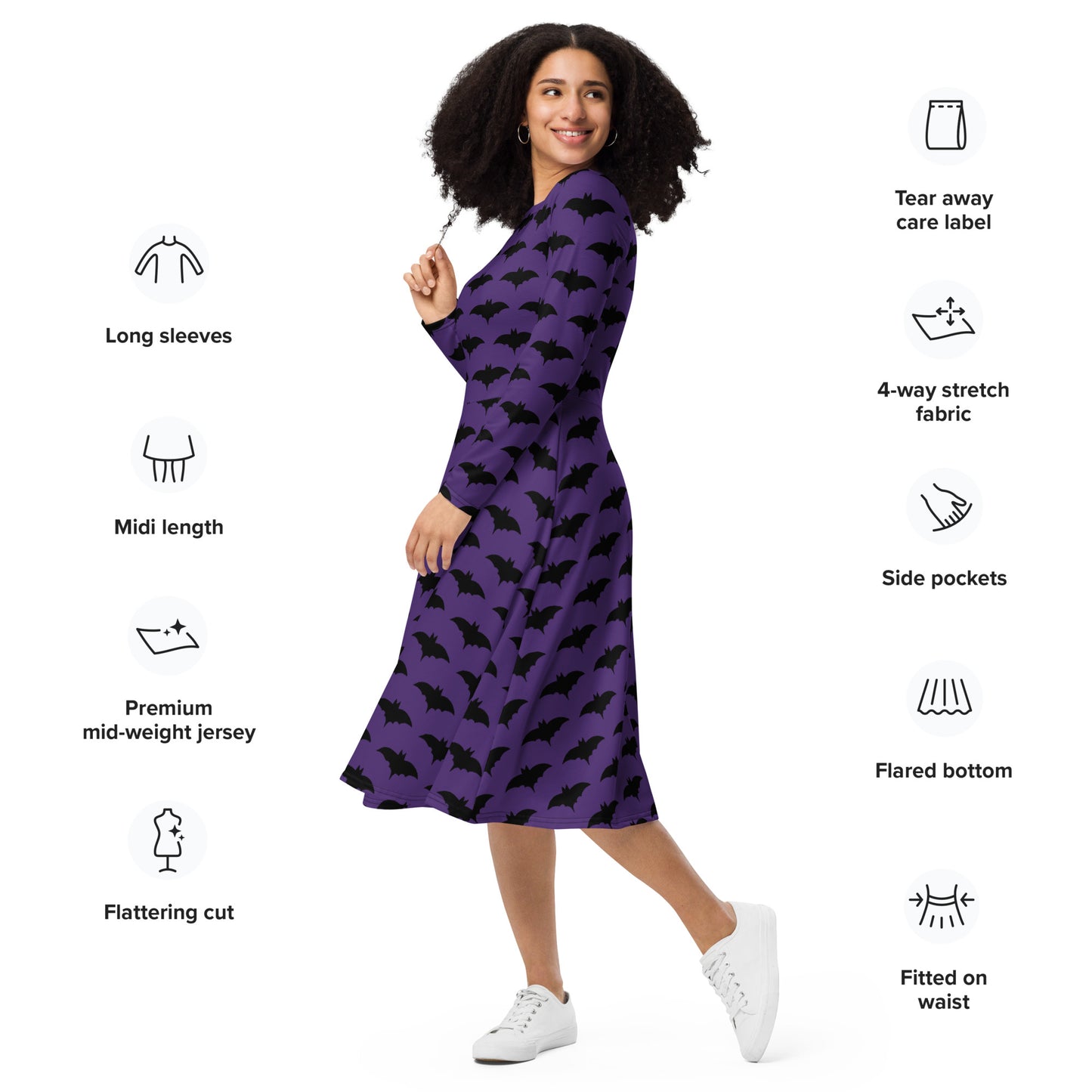 PURPLE BAT LONG SLEEVE MIDI DRESS