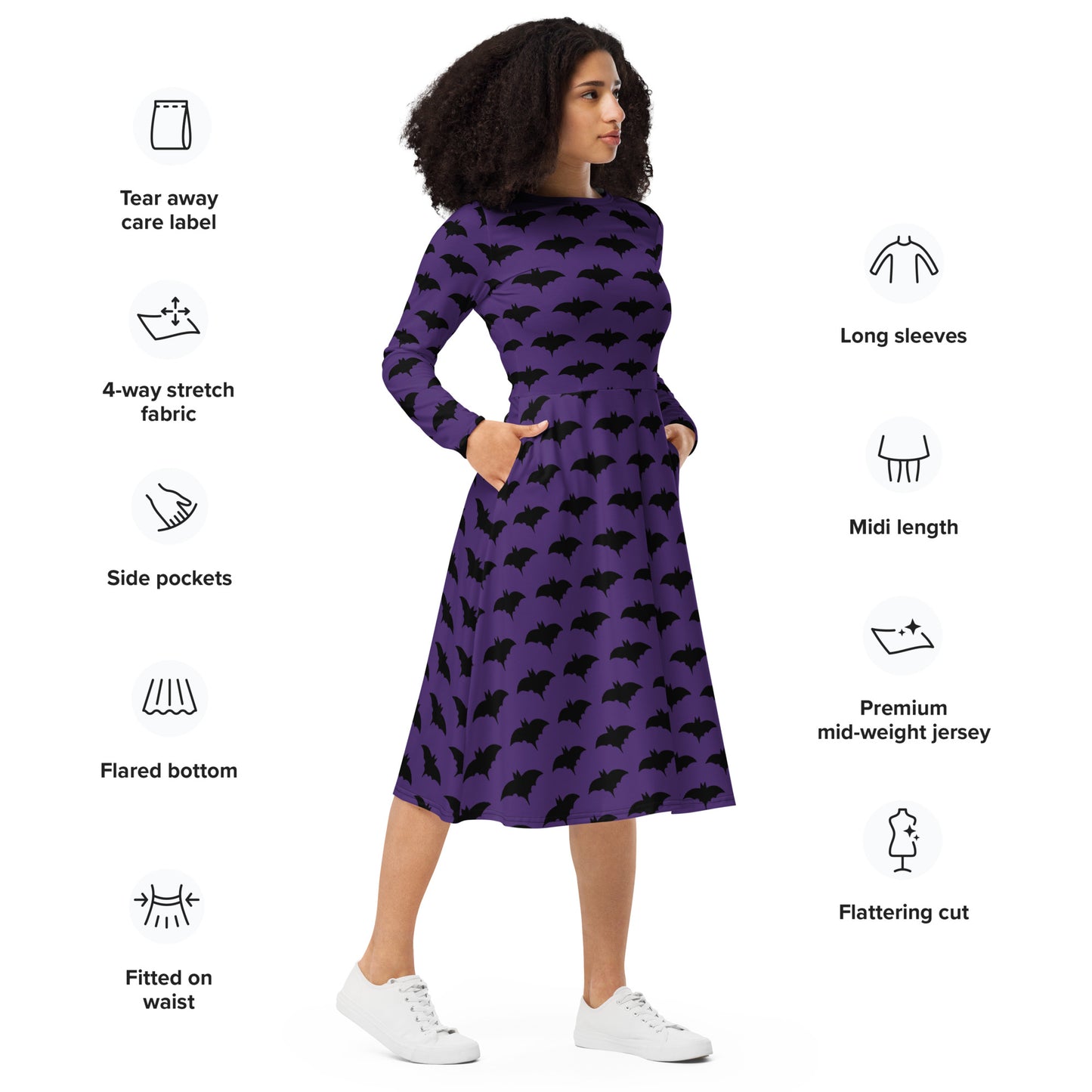 PURPLE BAT LONG SLEEVE MIDI DRESS