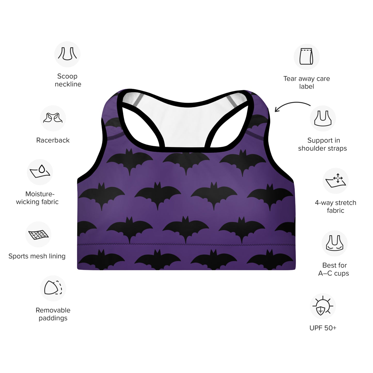 PURPLE BAT PADDED SPORTS BRA