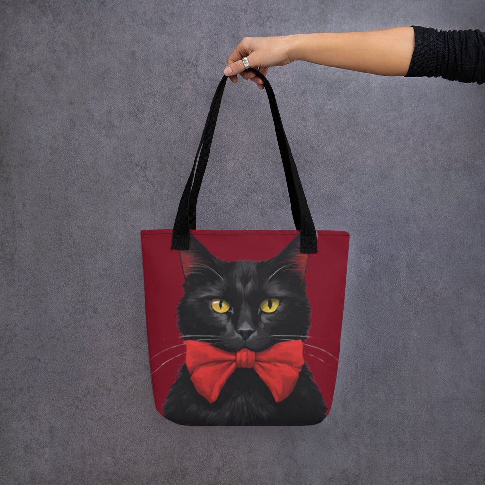 BLACK KITTY RED BOW TOTE BAG