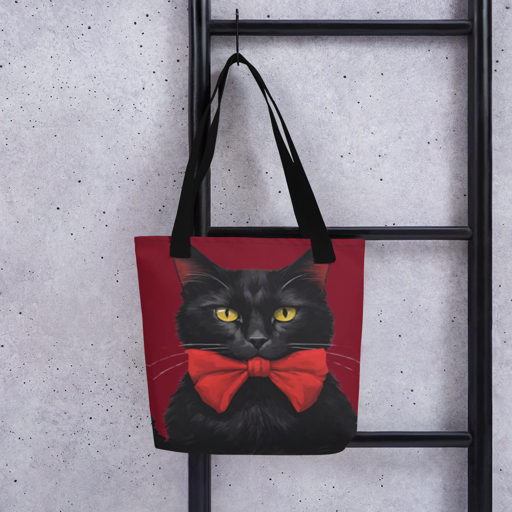 BLACK KITTY RED BOW TOTE BAG