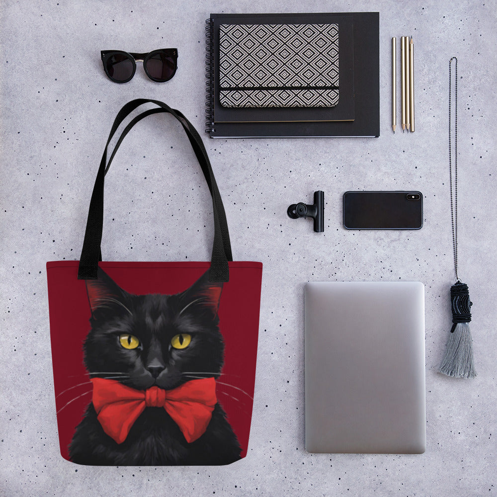 BLACK KITTY RED BOW TOTE BAG