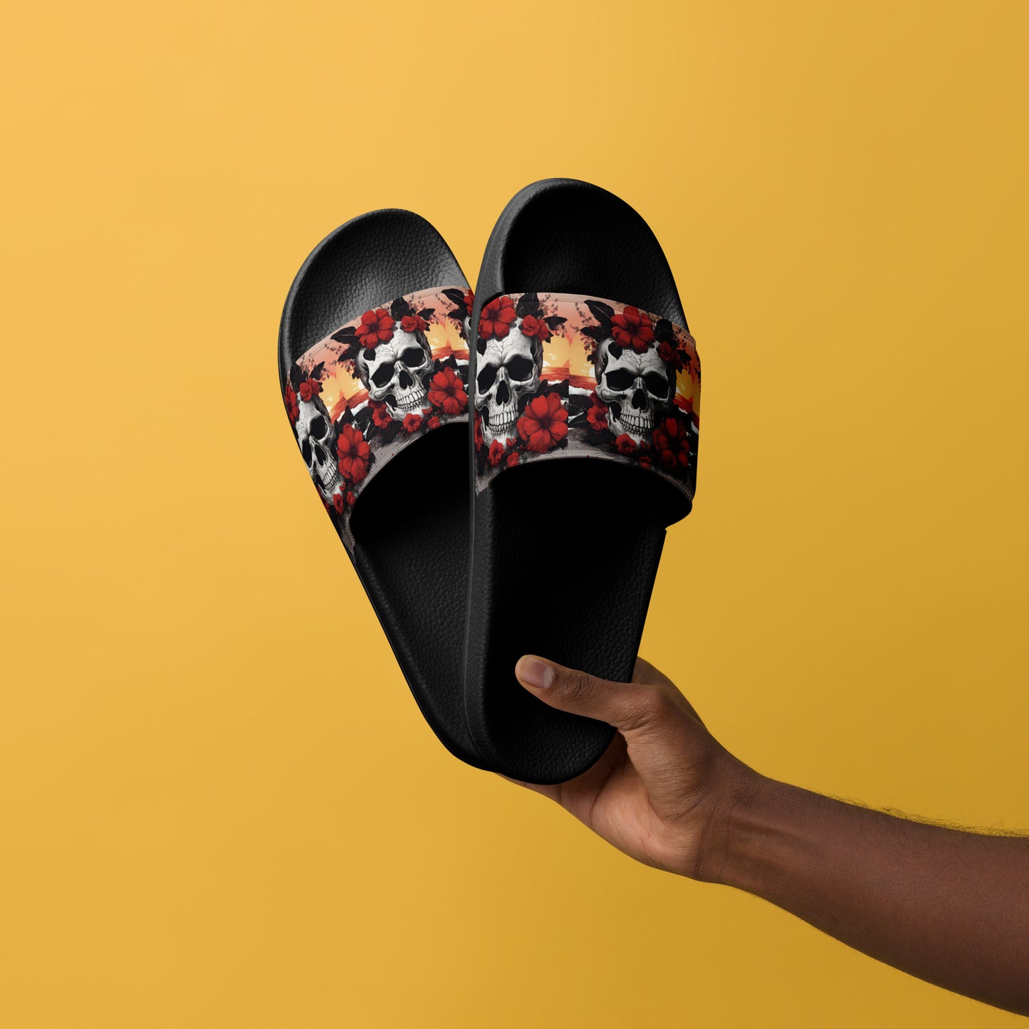 TROPICAL RED FLOWER SKULL MEN'S SLIDES