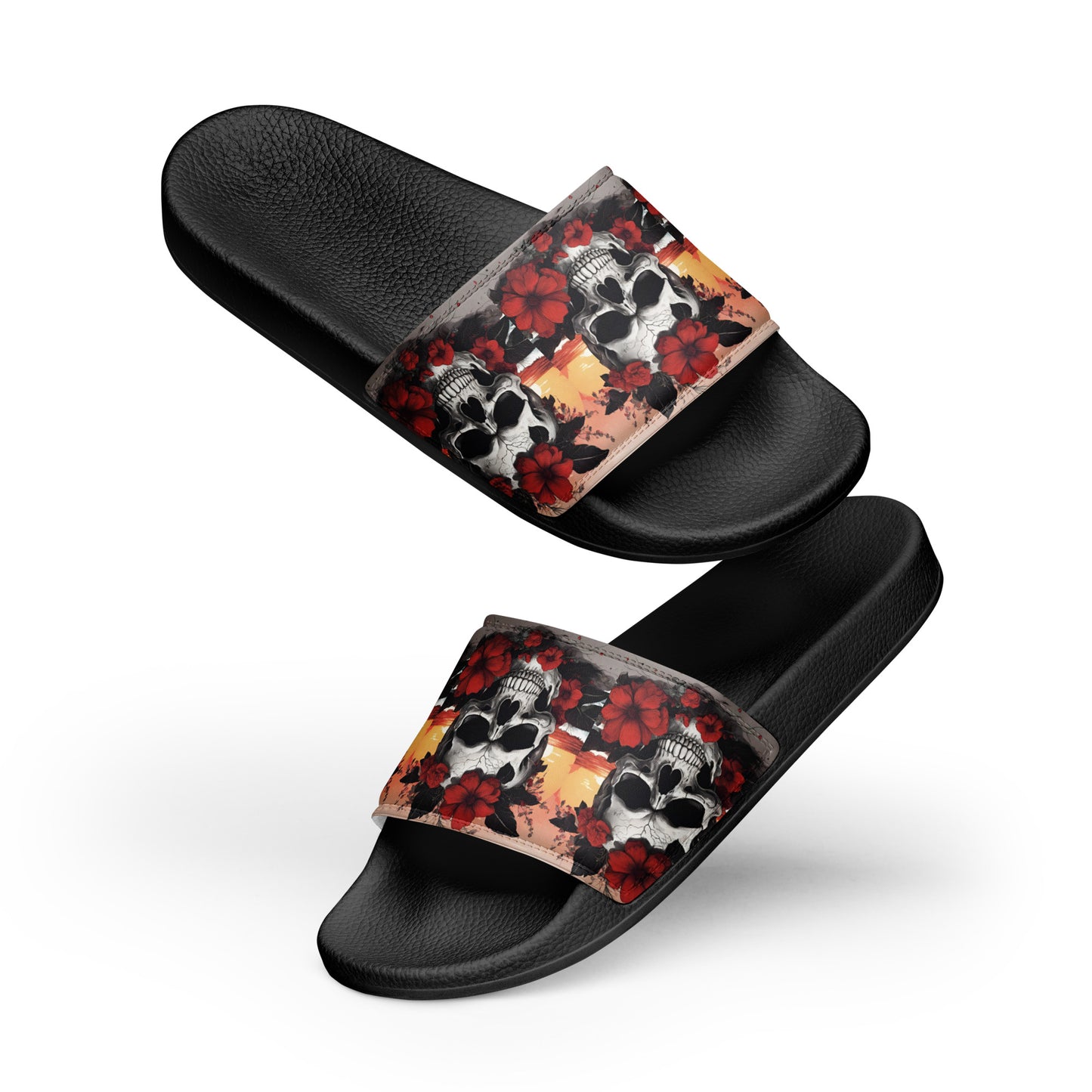 TROPICAL RED FLOWER SKULL MEN'S SLIDES