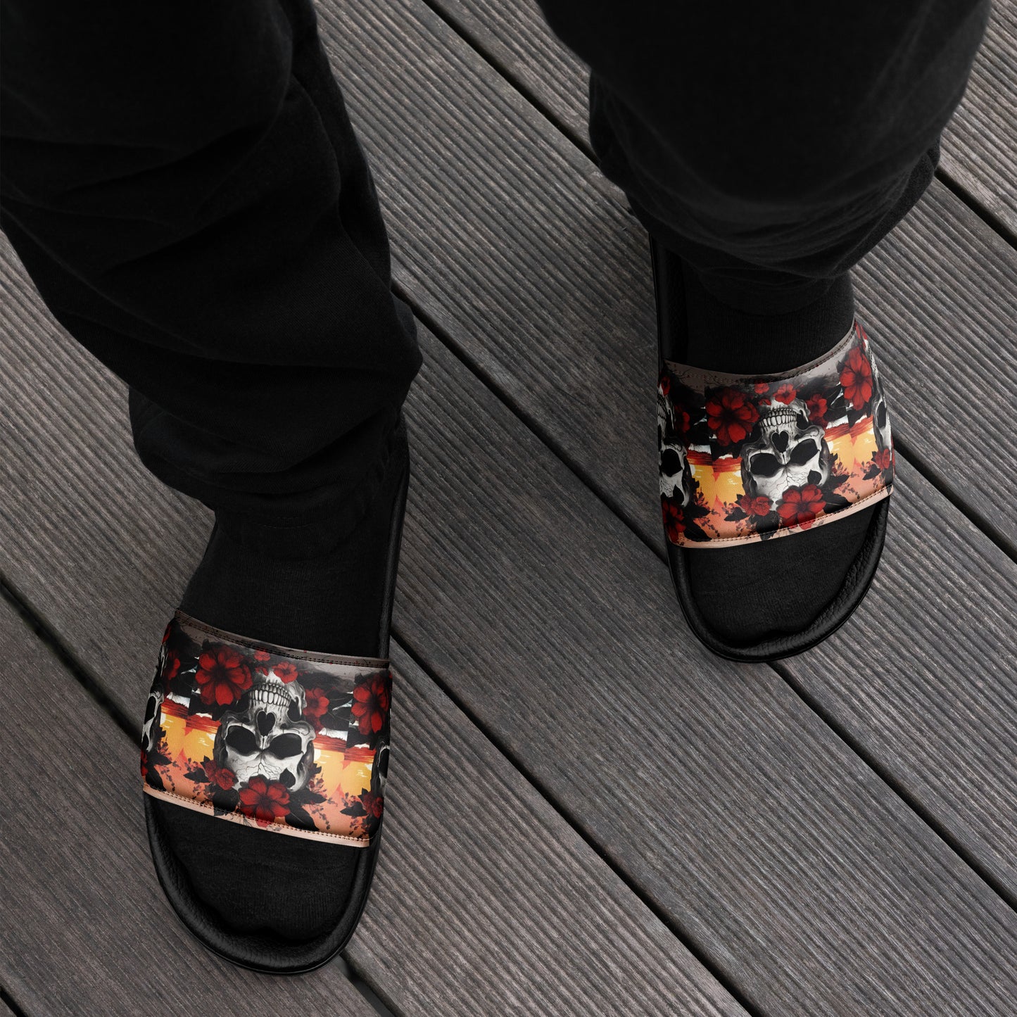 TROPICAL RED FLOWER SKULL MEN'S SLIDES