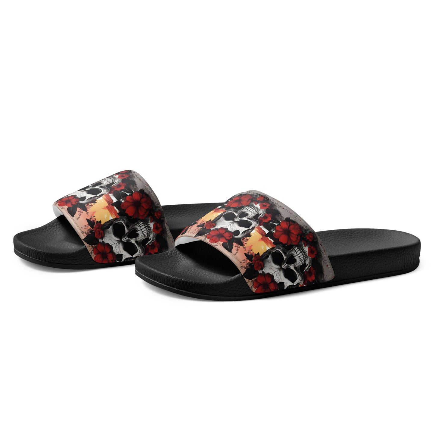 TROPICAL RED FLOWER SKULL MEN'S SLIDES