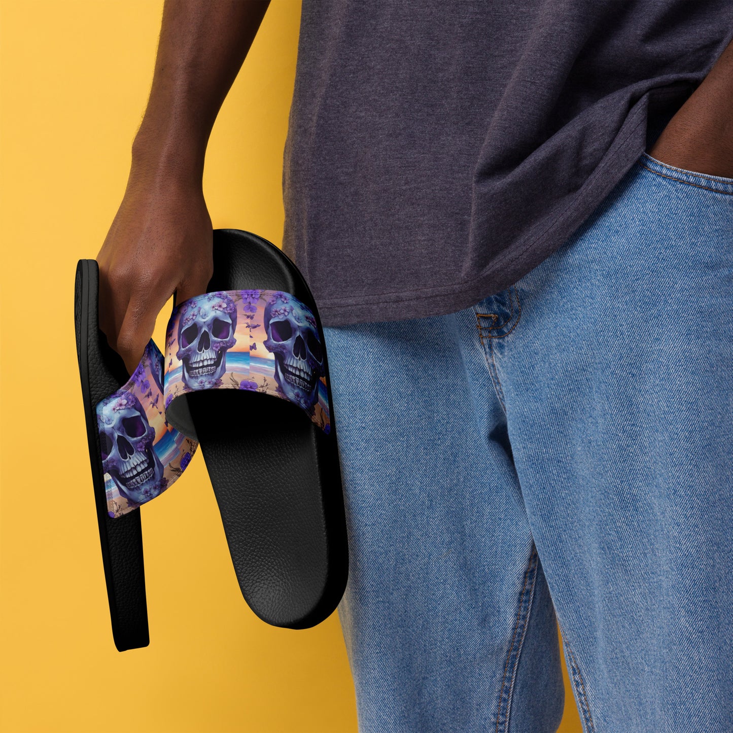 PURPLE FLOWER SKULL MEN'S SLIDES