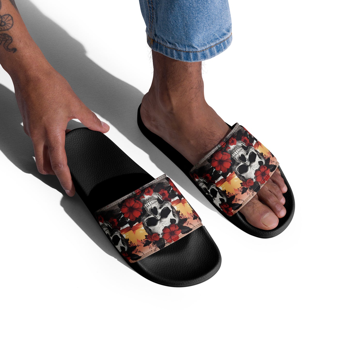 TROPICAL RED FLOWER SKULL MEN'S SLIDES