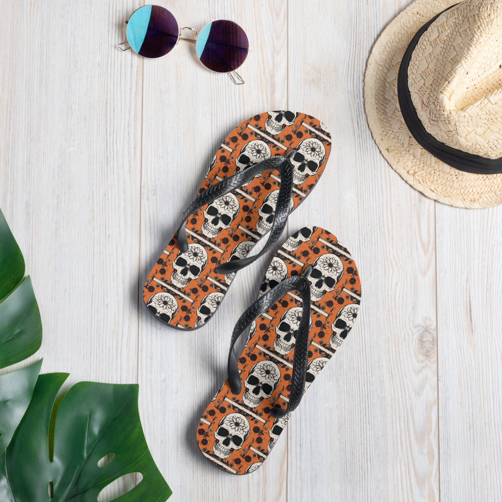 ORANGE FLOWER SKULL FLIP-FLOPS