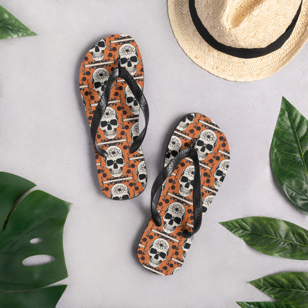 ORANGE FLOWER SKULL FLIP-FLOPS