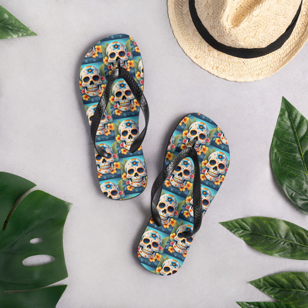 TROPICAL BLUE SKULL FLIP-FLOPS