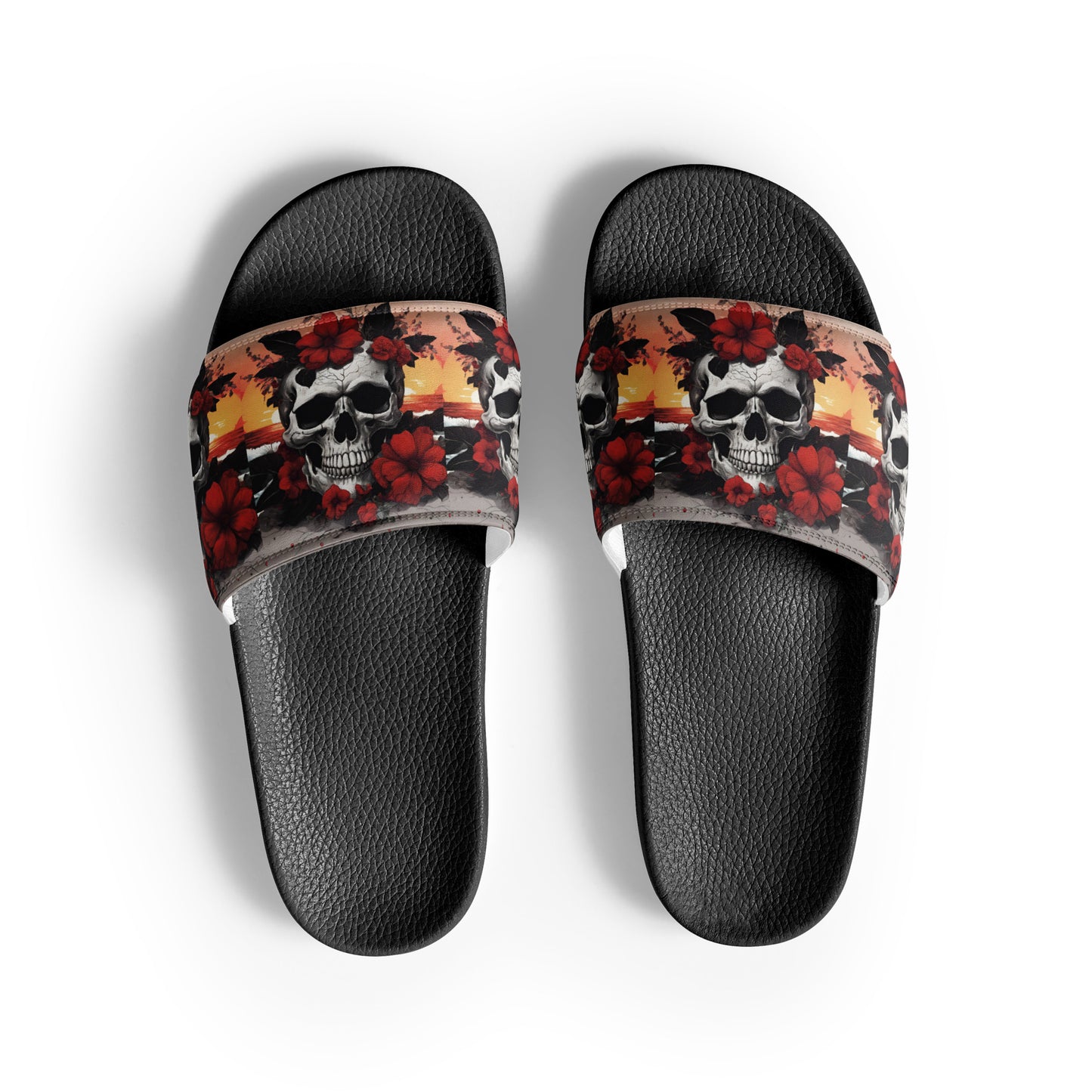 TROPICAL RED FLOWER SKULL WOMEN'S SLIDES