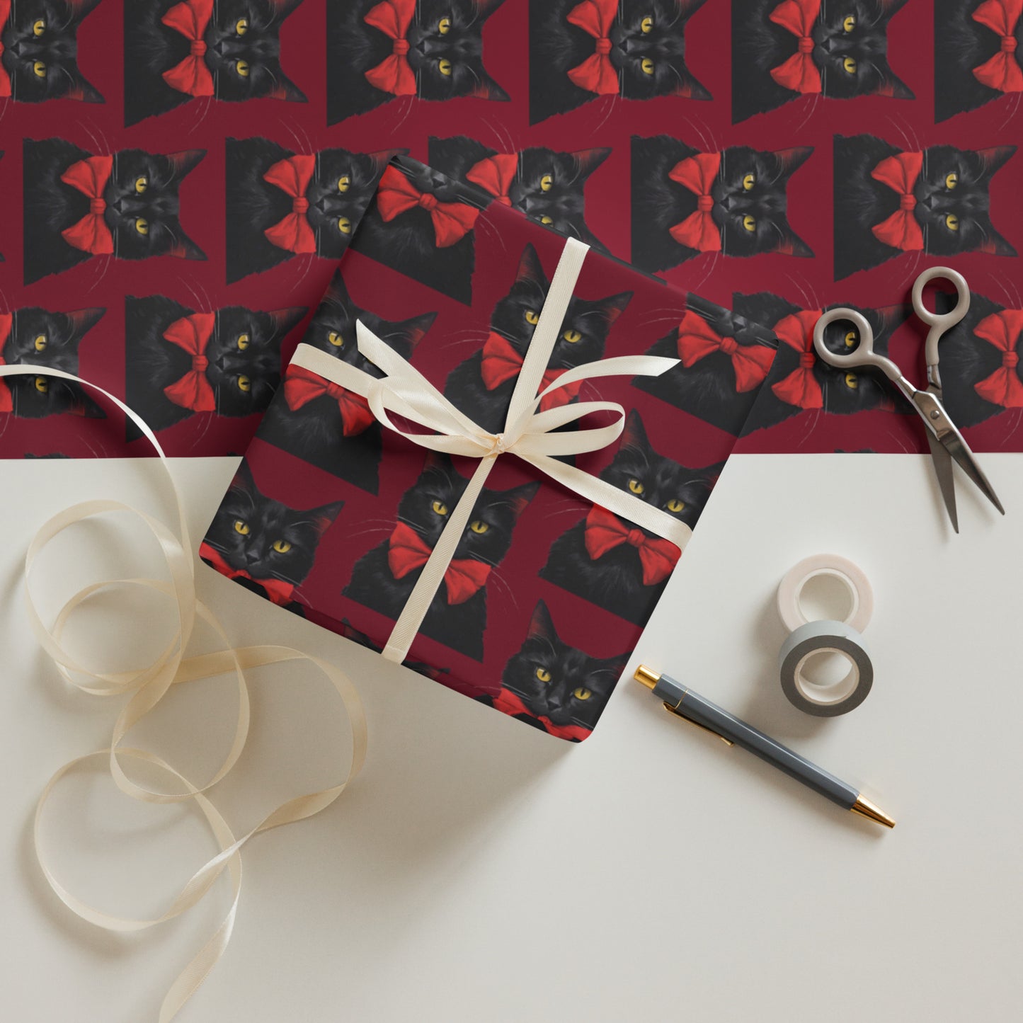 BLACK KITTY RED BOW PREMIUM WRAPPING PAPER SHEETS