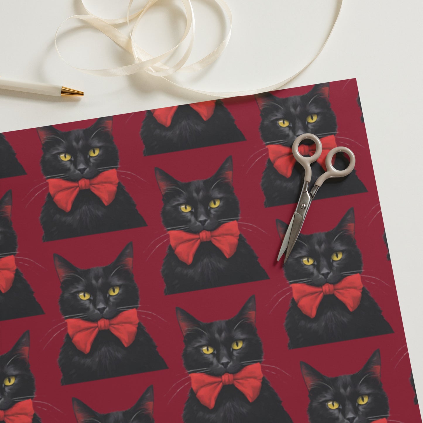 BLACK KITTY RED BOW PREMIUM WRAPPING PAPER SHEETS